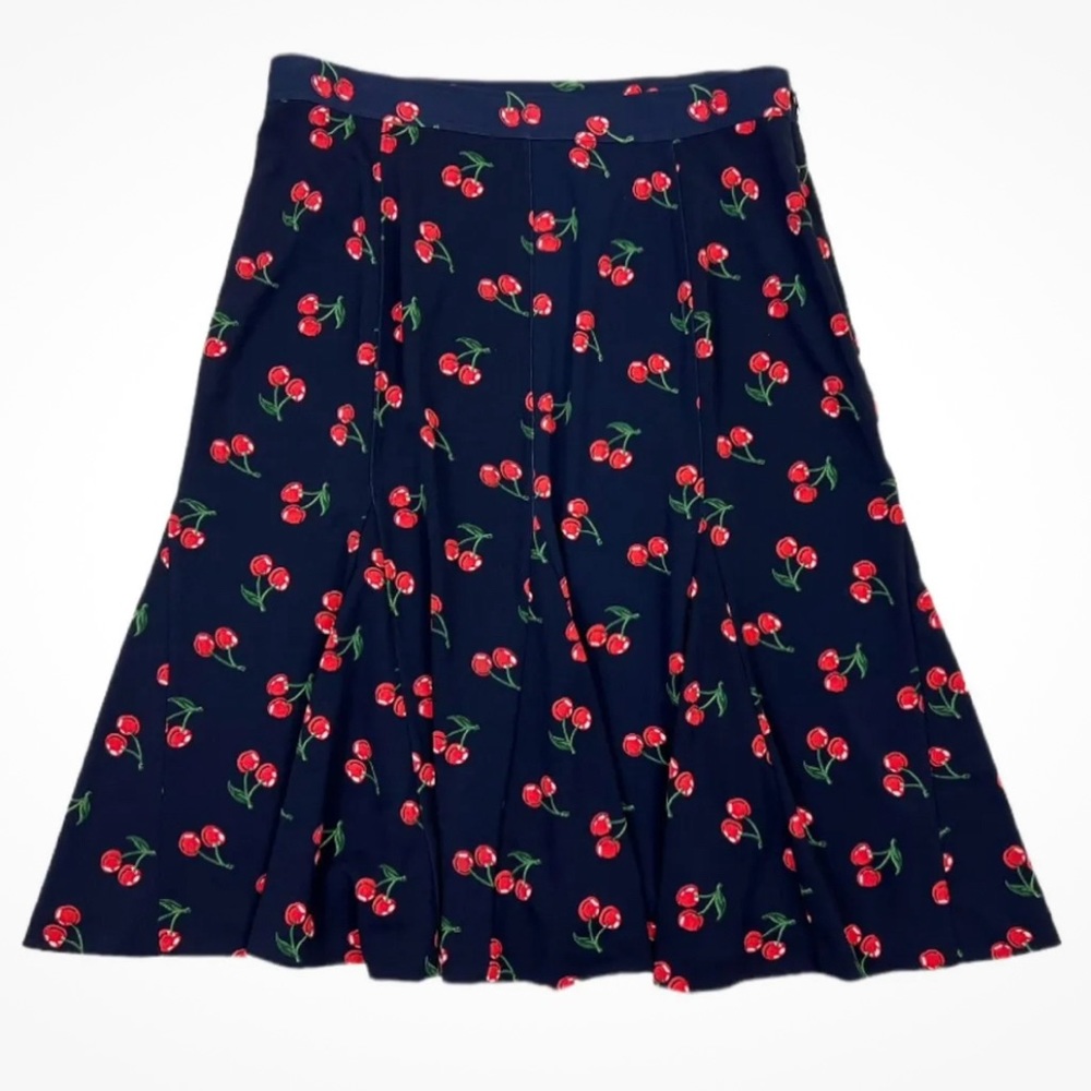 Talbots Cherry Print Flare Skirt, Size 10, Navy Blue Red Side Zip A Line
